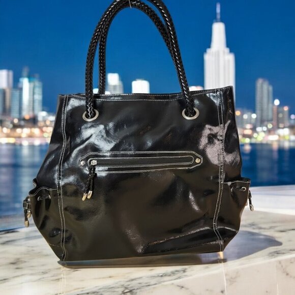 Black and Silver Faux Leather Tote Bag with Woven Handles - Picture 1 of 6